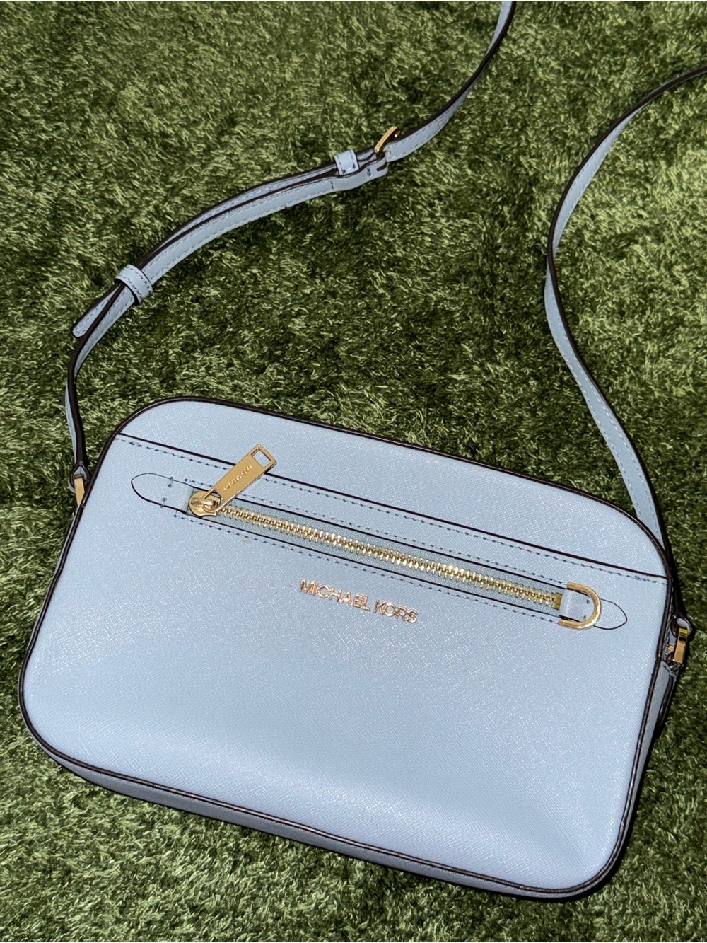 Michael Kors Light Blue Saffiano Crossbody with Gold Hardware
